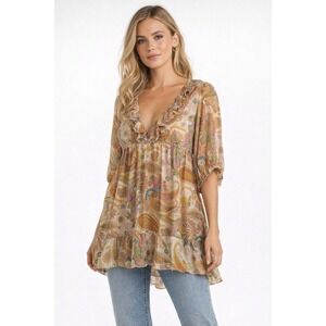 Amanda Uprichard Womens 100% Silk Paisley Ruffle V-Neck Babydoll Tunic Top Sz L